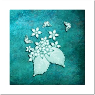 Teal on teal butterflies and flowers Posters and Art